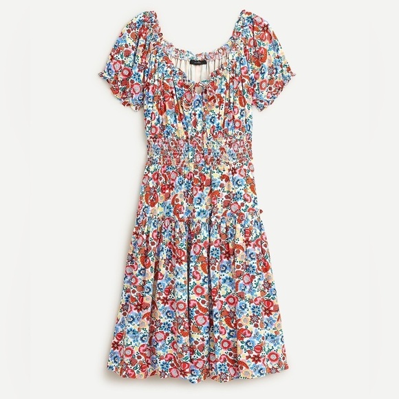 J Crew Smocked Waist Dress with Farmers Market Print Floral Ladybug Sz 0 - Picture 2 of 15
